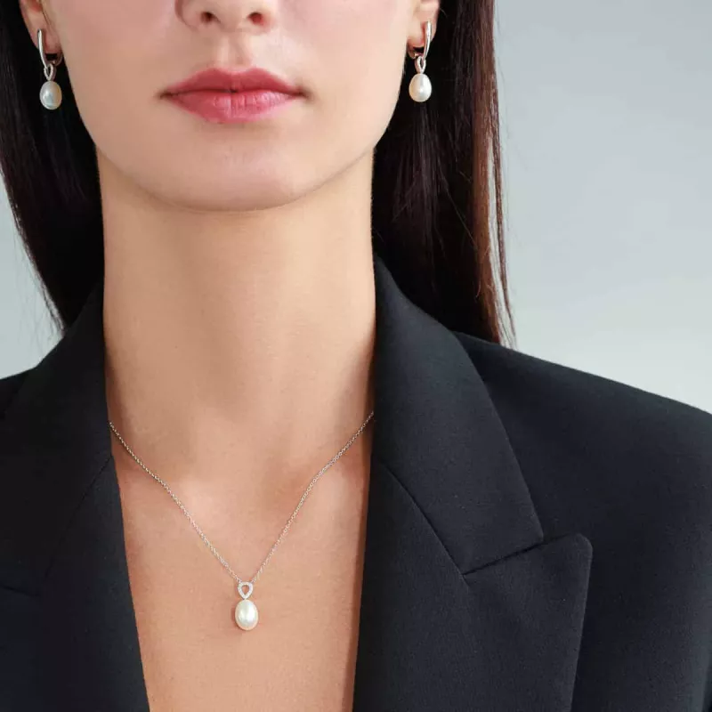 Gaura Pearls Silberkette - weiß, Tropfen, 41 cm, 925 Silber